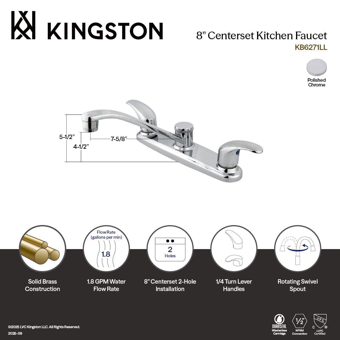 Kingston Tulare KB6271LL - Legacy Two-Handle 2-Hole 8" Centerset Kitchen Faucet, Polished Chrome — thumbnail 2